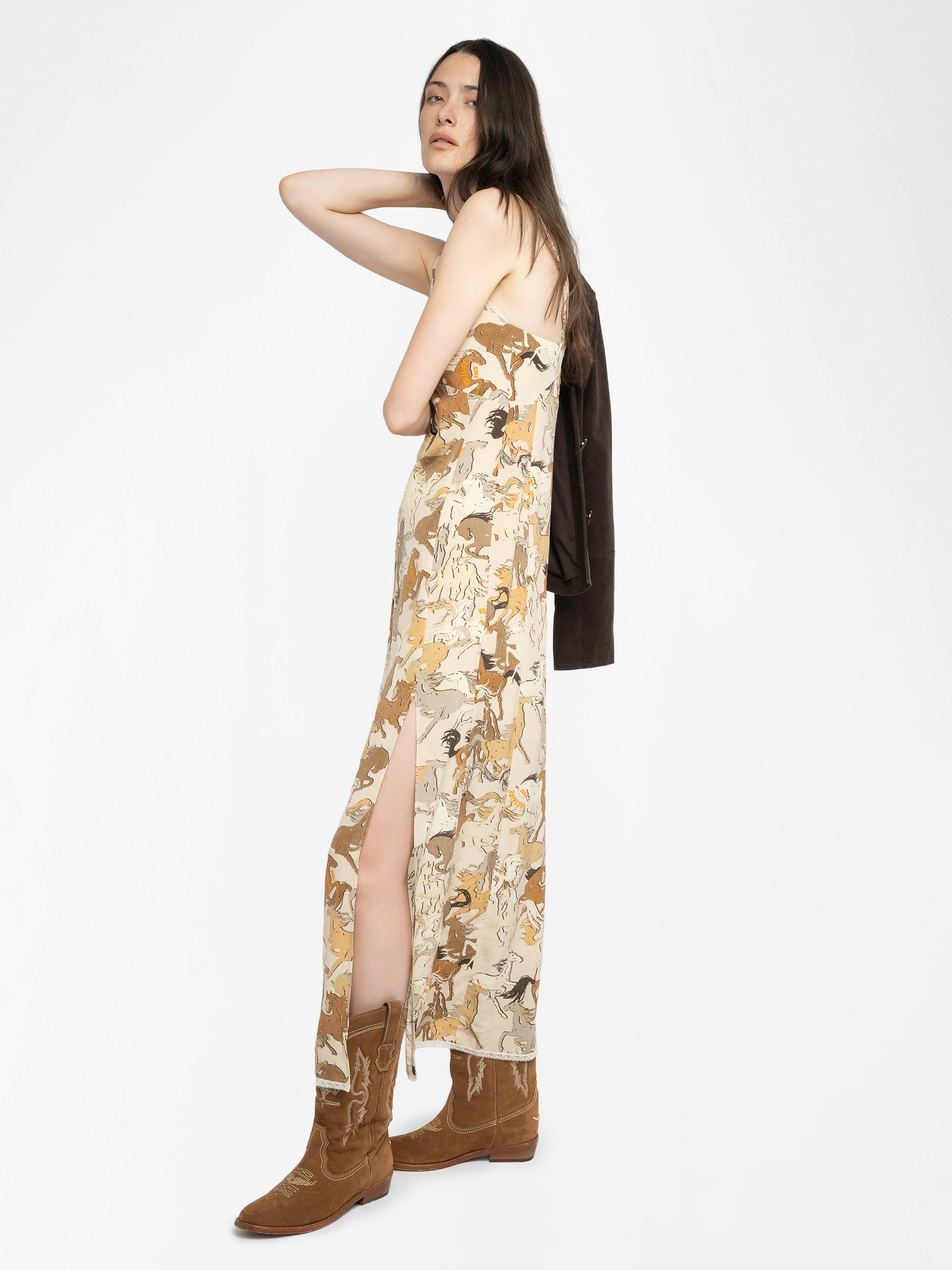 Ramelil 100% Silk Dress - Long lingerie-style dress in printed silk, with slit, adjustable straps, wing embroidery on the back and lace.